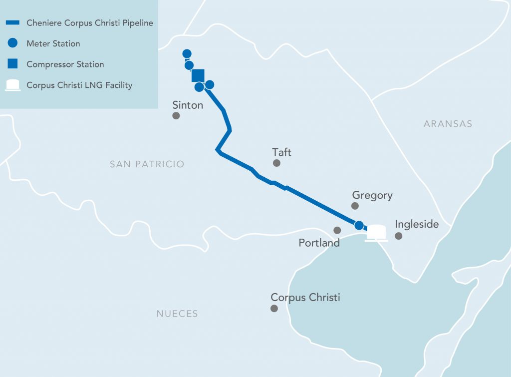 Cheniere’s Corpus Christi Pipeline map showing the route from Sinton to Ingleside with compressor and meter stations.