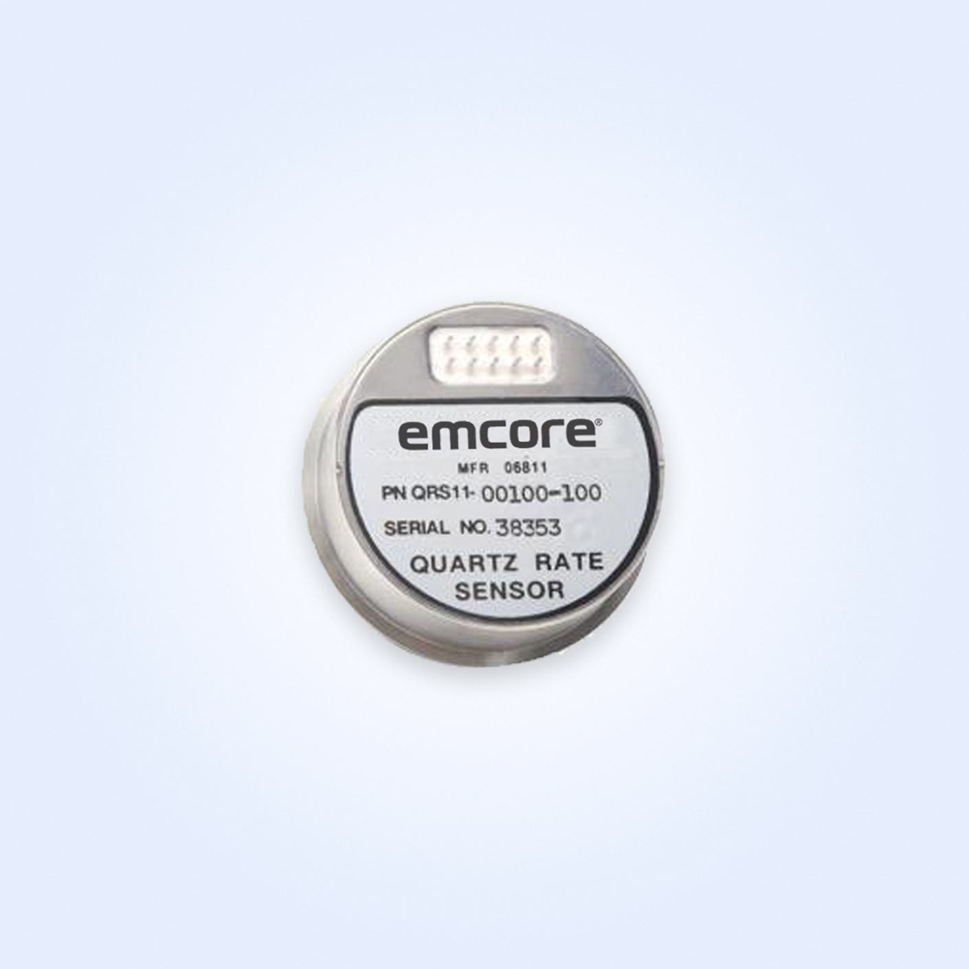 Emcore quartz rate sensor with part number QRS11-00100-100 and serial number 38353.