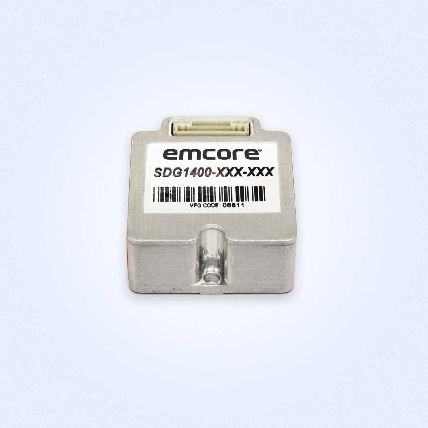 A square aluminum component with barcode and connector on a light background.