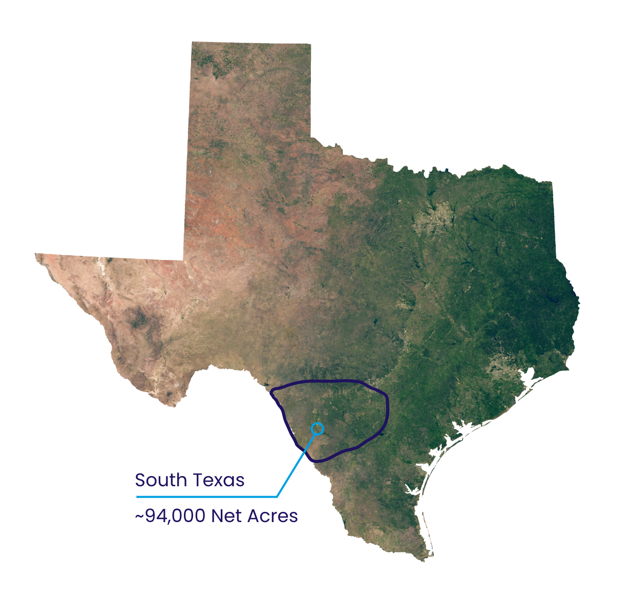 Topographical map of Texas showing the Maverick Basin asset area in South Texas.