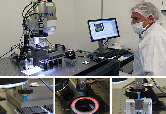 Man wearing a white face mask, hair net, and white lab coat sitting in front of a machine and computer screen. Three additional close-up images of the machine.