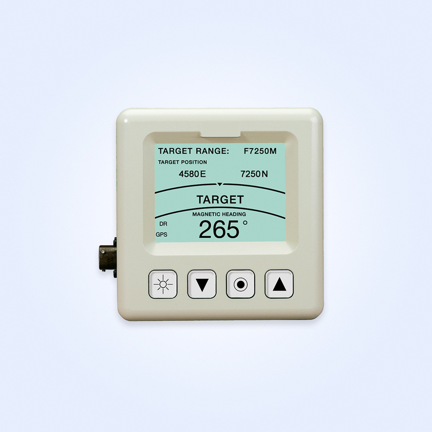 Navigation device displaying target range, position, and magnetic heading on a light blue screen.