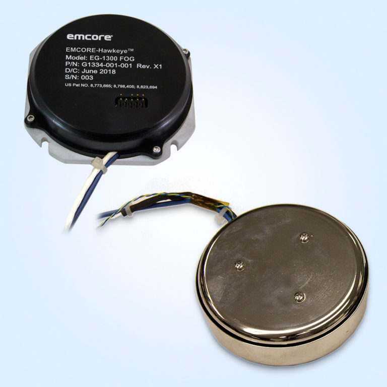 EMCORE-Hawkeye EG-1300 FOG device with wiring, shown from top and bottom views.