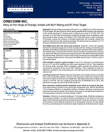 Orbcomm Inc. - Story on the Verge of Change; Initiate with BUY Rating and $7 Price Target