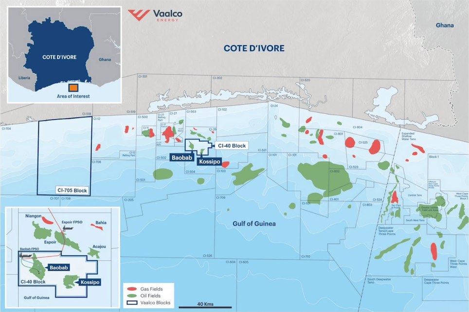 Map of Côte d'Ivoire operations that highlights various developments including Vaalco’s operated CI-705 Block and the non-operated CI-40 Block. Map call out box focuses in on the CI-40 Block including the FPSO, Baobab and Kossipo while showing surrounding gas fields, pipelines, injection line, wells, manifold’s, and platforms.