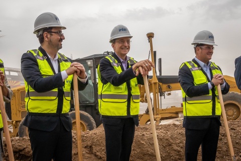 Keyvan Esfarjani (from left), Intel senior vice president, Intel CEO Pat Gelsinger and Arizona Gov. Doug Ducey stand at the Intel worksite in Chandler, Arizona, on Friday, Sept. 24, 2021, for a groundbreaking ceremony to celebrate the largest private-sector investment in Arizona's history. The construction of two new computer chip factories is a $20 billion project that will bolster U.S. semiconductor leadership and help bring geographical balance to the global supply chain. (Credit: Intel Corporation)