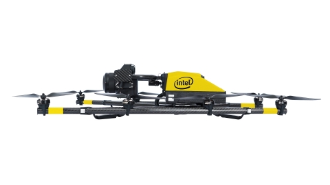 The Intel Falcon 8+ drone is an advanced, unmanned aerial vehicle (UAV) designed for professional use. It delivers the best performance and weight-to-payload ratio on the market, the highest stability in harsh conditions, and best-in-class safety. (Credit: Intel Corporation)