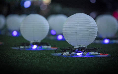 Intel Drone Team members prepare 150 enhanced Intel Shooting Star drones for flight during rehearsals for the Pepsi Super Bowl LIII Halftime Show. During Super Bowl LIII in Atlanta on Feb. 3, 2019, Intel Corporation partnered with the NFL to create the first-ever live drone light show during a Super Bowl Halftime Show. (Credit: Intel Corporation)
