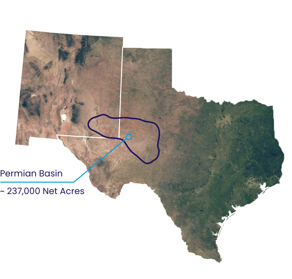 Topographical map of Texas showing the Permian Basin asset area.