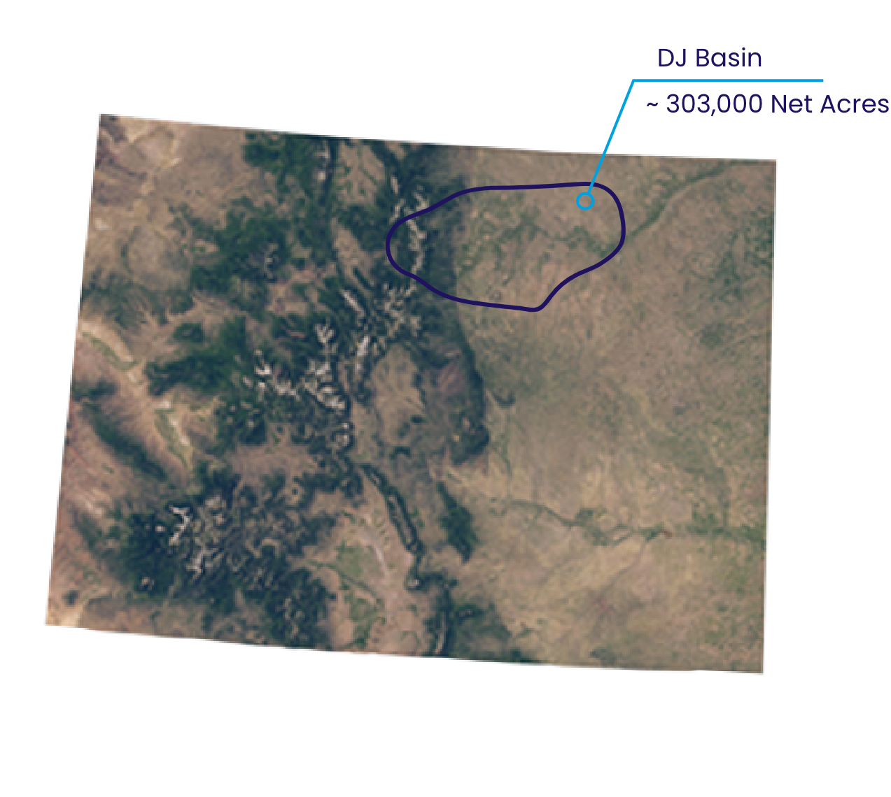 Topographical map of Texas showing the DJ Basin asset area.