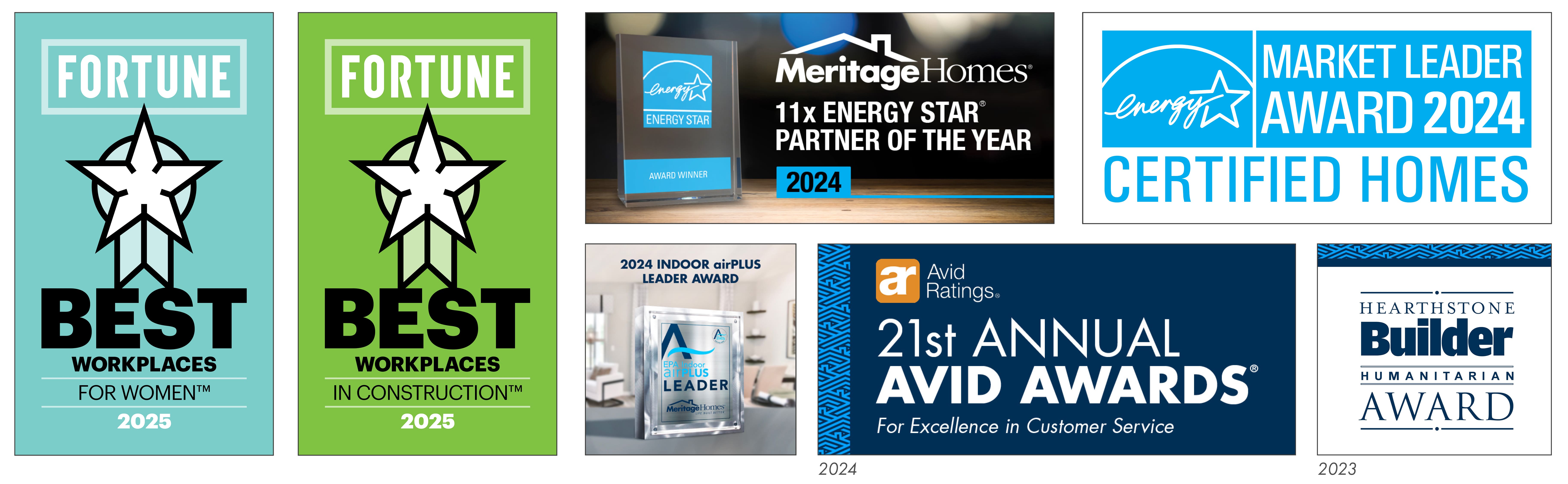Fortune Best Worplaces for Women 2025, Fortune Best Workplaces in Construction 2025, 11x Energy Star Partner of the Year 2024, Energystar Market Leader Award 2024, 2024 INDOOR airPLUS Leader Award, Avid Ratings 21st Annual Avid Awards for Excellence in Customer Service 2024, and Hearthstone Builder Humanitarian Award 2023. 