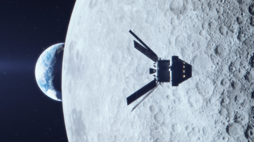 Artist’s concept of NASA’s Orion Spacecraft during a lunar flyby with Earth in the background.