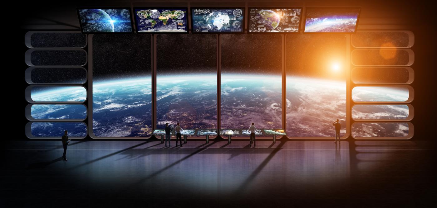 An interpretation of a viewing room in space with large windows and 5 monitors overhead looking out over the Earth