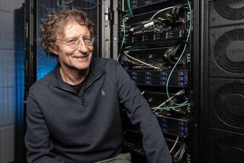 Habana Labs chairman Avigdor Willenz stands near a rack that incorporates Habana Labs' HLS-1 Gaudi artificial intelligence training system at Habana Labs' office in Caesarea, Israel. Willenz will serve as a senior adviser to the business unit as well as to Intel Corporation after Intel's purchase of Habana. (Credit: Eyal Toueg/Intel Corporation)