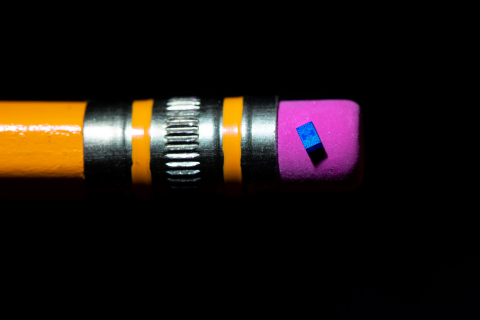 A 2018 photo shows Intel’s new quantum computing chip balanced on a pencil eraser. Researchers started testing this “spin qubit chip” at the extremely low temperatures necessary for quantum computing: about 460 degrees below zero Fahrenheit. Intel projects that qubit-based quantum computers, which operate based on the behaviors of single electrons, could someday be more powerful than today’s supercomputers. (Credit: Walden Kirsch/Intel Corporation)