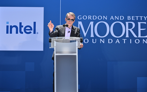 Intel CEO Pat Gelsinger speaks Thursday, June 1, 2023, at the Intel Corporation campus in Santa Clara, California, as part of a tribute for Gordon Moore. Moore, Intel’s co-founder and one of America’s leading philanthropists, died March 24, 2023. (Credit: Intel Corporation)
