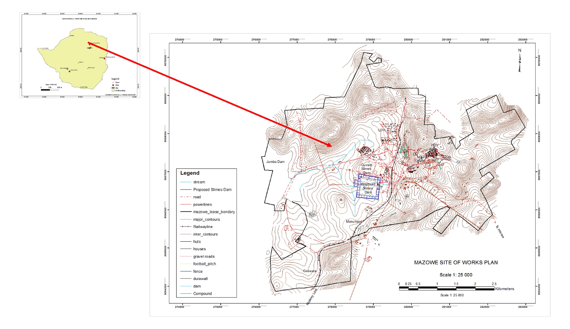 Namib Minerals Mazowe mining operation. This map shows the area of operation including a legend showing additional geographic features.
