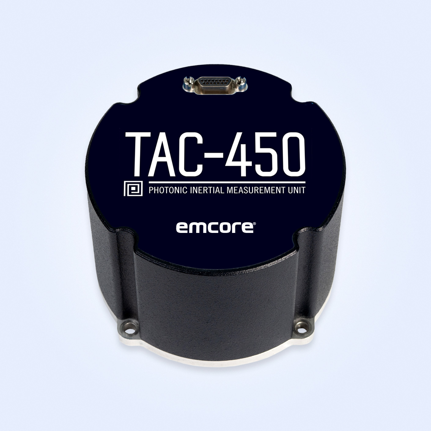 TAC-450 Photonic Inertial Measurement Unit by Emcore, shown in a compact, cylindrical design.