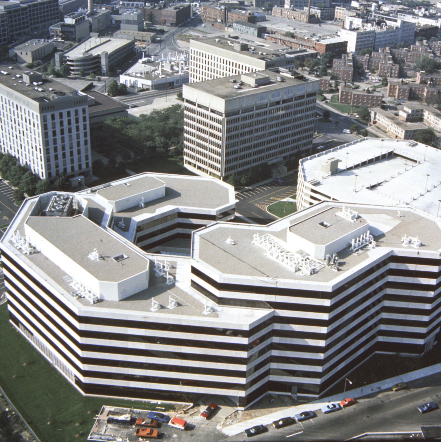 An aerial photo of the Draper building in the foreground with Technology Square in the background.