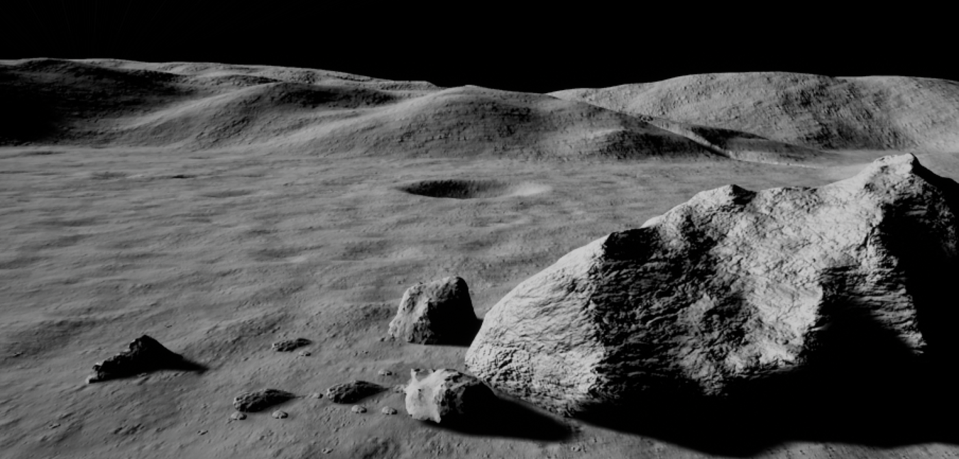 Surface of the moon with rocks, a crater and hills in the background