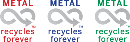 Three identical logos displayed horizontally against a black background. Each logo features the word METAL at the top, a gray infinity symbol with an arrow and a small trademark symbol in the middle, and the words recycles forever at the bottom. From left to right, the first logo has red text, the second has blue text, and the third has green text.