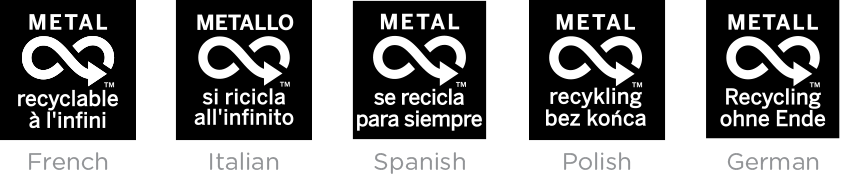 Five metal recycling logos displayed horizontally against a black background, each featuring a white infinity symbol with an arrow and a trademark symbol. From left to right: French logo with METAL and recyclable à l'infini, Italian logo with METALLO and si ricicla all'infini, Spanish logo with METAL and se recicla para siempre, Polish logo with METAL and recykling bez końca, and German logo with METALL and Recycling ohne Ende.