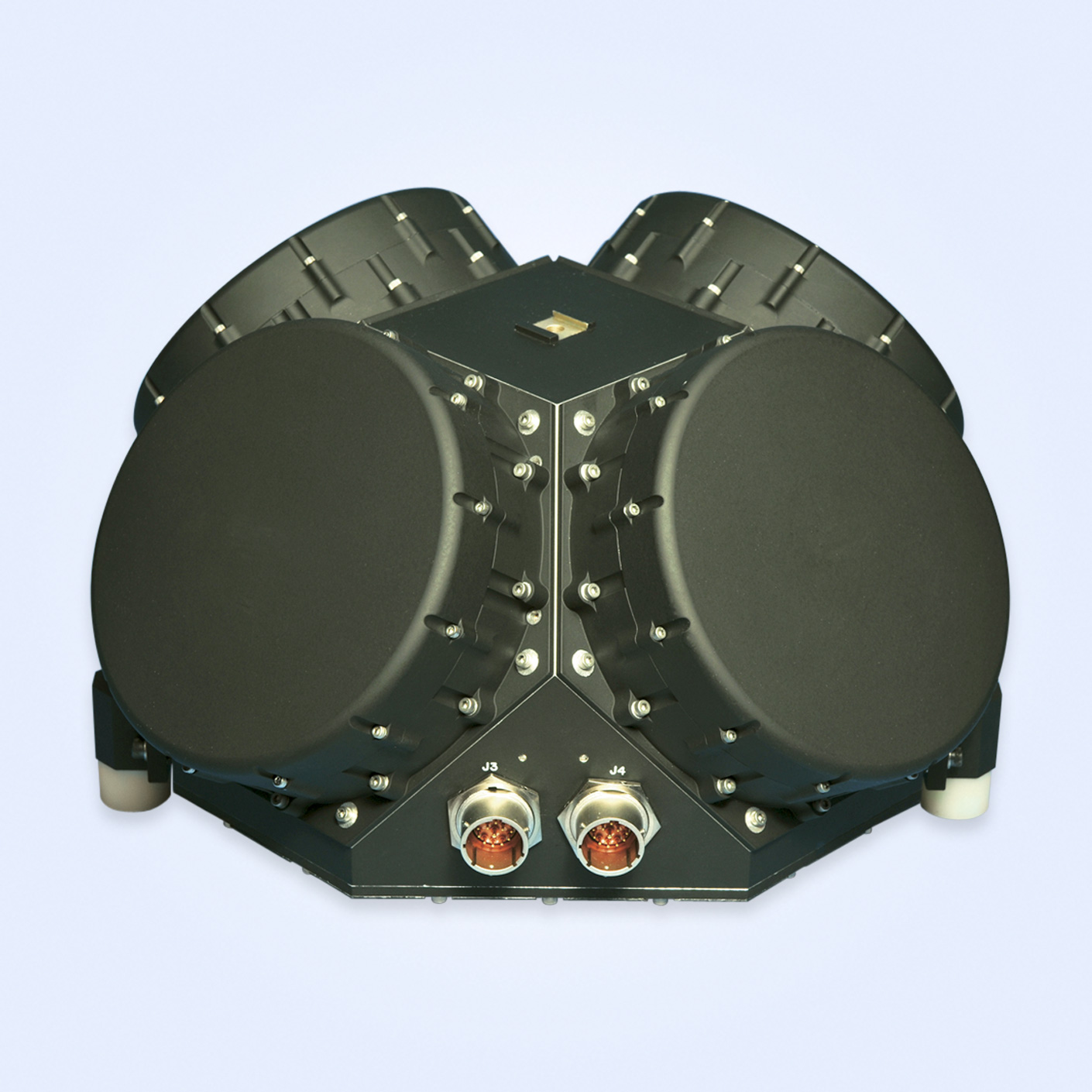 A high-tech electronic device with multiple circular components and connectors on a light background.