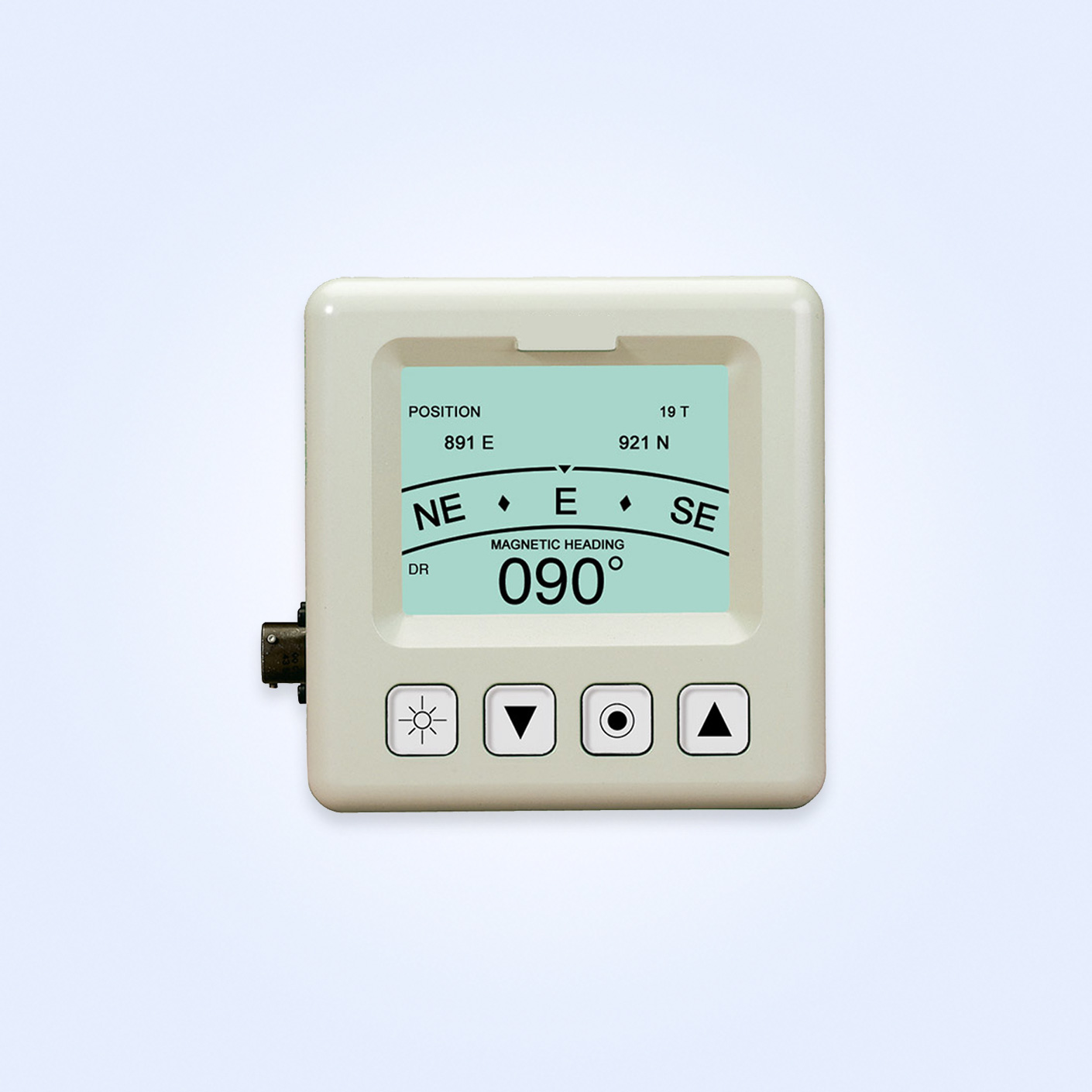 A beige square navigational device with a square screen that includes buttons for screen brightness, up and down arrows, and a button with a circle. Also includes a black nob on the side. The device's screen depicts navigation information.