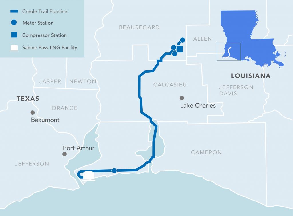 Cheniere’s Creole Trail Pipeline map in Louisiana showing the route, meter and compressor stations, and connection to Sabine Pass LNG.