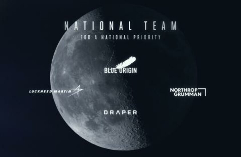 Graphic of the moon with titled National Team for a National Priority with the following logos: Blue Origin, Lockheed Martin, Northrop Grumman, and Draper.