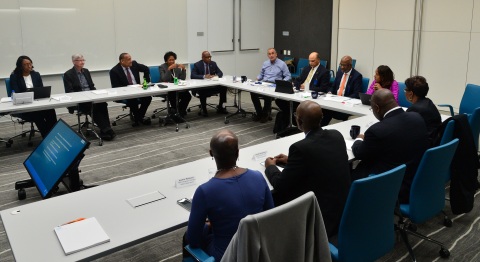 “I’m profoundly grateful to our HBCU partners for joining us to discuss leadership in education and paving the path for a better, more inclusive tech industry,” says Intel CEO Brian Krzanich during a discussion with leaders from six partner Historically Black Colleges and Universities in Santa Clara, Calif., on Monday, Feb. 12, 2018. Clockwise from upper-left: Lakecia Gunter, chief of staff to CEO, Intel; Mike Mayberry, CTO, Intel; John Page, chairman, board of directors, Tuskegee University; Ruth Simmons, president, Prairie View A&M University; David Wilson, president, Morgan State University; Krzanich; Harold Martin, chancellor, North Carolina A&T State University; Larry Robinson, president, Florida A&M University; Barbara Whye, chief diversity officer, Intel; Charlotte Morris, president, Tuskegee University; Anthony Wutoh, provost, Howard University; Joseph Nsengimana, Global Diversity and Inclusion director, Intel; Heather Mattisson, HBCU Program Manager, Intel. (Intel Corporation)