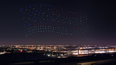 An Intel Shooting Star drones fleet lights up the sky in an American Flag formation during the Pepsi Zero Sugar Super Bowl LI Halftime Show on Sunday, Feb. 5, 2017. (Credit: Intel Corporation)