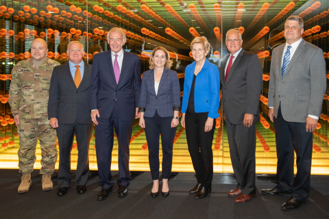 Draper hosted a meeting of U.S. government officials at the company’s headquarters in Cambridge, Mass. on July 8. (L-R) Brig. Gen. David C. Trybula, Deputy Commanding General, U.S. Army Combat Capabilities Development Command (DEVCOM) and Senior Mission Commander of the Natick Soldier Systems Center (NSSC); Director Douglas A. Tamilio, U.S. Army DEVCOM Soldier Center; U.S. Senator Edward J. Markey; Deputy Secretary of Defense Dr. Kathleen Hicks; U.S. Senator Elizabeth Warren; Chairman of the Board David R. Shedd, Draper; President and CEO William LaPlante, Draper. Credit: Draper.