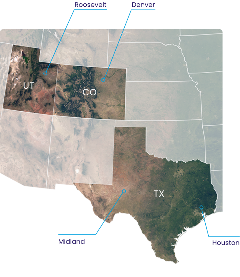 Topographical map of Colorado and Texas areas showing SM Energy offices in Denver, Midland and Houston.