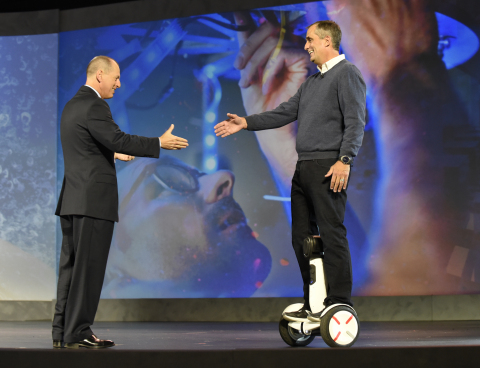 Gary Shapiro (left), Consumer Technology Association president and CEO, welcomes Brian Krzanich, Intel's chief executive officer, to the stage for his keynote presentation at the 2016 CES (Consumer Electronics Show) on Tuesday, Jan. 5, 2016 in Las Vegas. Krzanich will present a news conference on Jan. 4, 2017, at CES 2017, one of the world's largest gathering places for all who thrive on consumer technologies. (CREDIT: Intel Corporation/Bob Riha Jr.)