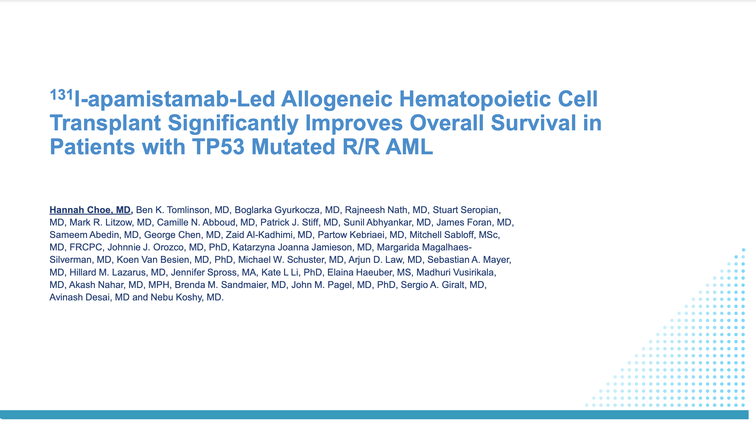 ASH 2023 Oral Presentation: Iomab-B Improves Survival in Patients with R/R AML and TP53 Mutation