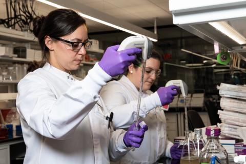 Scientists Caitlin Miller and Caitlyn Mills of Draper’s Synthetic Biology group prepare enzyme samples in the lab. Potential applications for Draper’s technology include biothreat detection, environmental monitoring and food inspection.