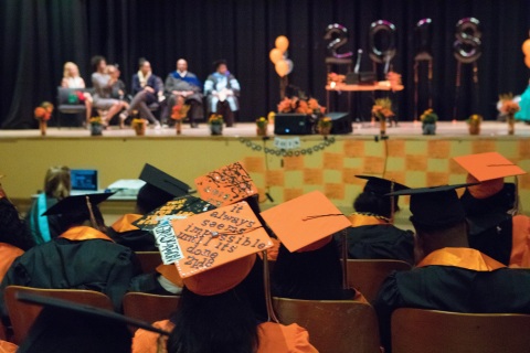 Seniors at McClymonds High School in Oakland, California, gather for graduation ceremonies on Thursday, June 7, 2018. Of the 62 McClymonds graduating seniors, 60 plan to attend college. Since 2015, Intel has partnered with the Oakland Unified School District to develop and improve computer science and engineering courses at two schools. (Credit: Intel Corporation)