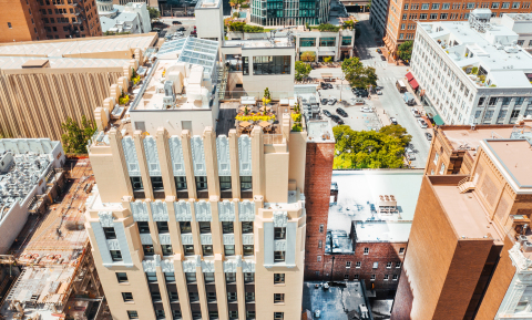 An aerial view shows The Sinclair hotel in Fort Worth, Texas. Intel and The Sinclair, Autograph Collection, announced in February 2020 a collaboration to deliver a next-generation connected guest experience. (Credit: Sinclair Holdings LLC)