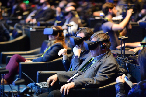Audience members use virtual reality headsets to experience a series of travel, work and play situations as Brian Krzanich, Intel chief executive officers, speaks at a company news conference on Wednesday, Jan. 4, 2017, in Las Vegas. Intel Corporation presents new technology at the 2017 International Consumer Electronics Show. The event runs from Jan. 5 to Jan. 8, 2017, in Las Vegas. (CREDIT: Walden Kirsch/Intel Corporation)