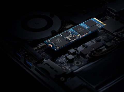 Intel in April 2019 introduced Intel Optane memory H10 with solid-state storage. The device combines the responsiveness of Intel Optane technology with the storage capacity of Intel Quad Level Cell (QLC) 3D NAND technology in an M.2 form factor. (Credit: Intel Corporation)
