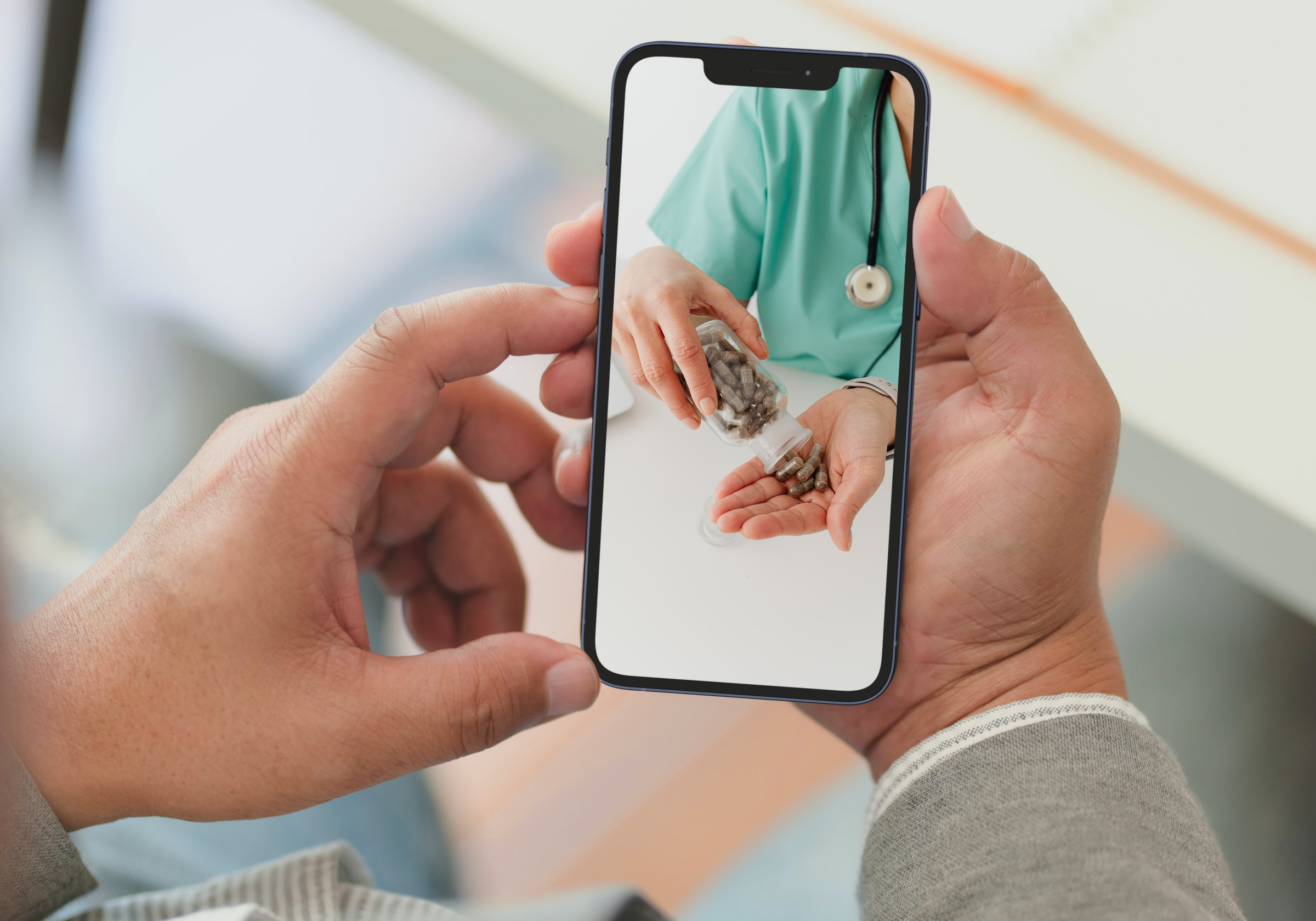 Man looking at his phone. In phone image, a doctor is pouring pills into his hand