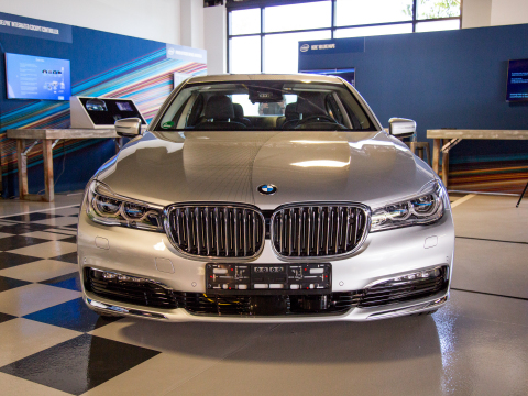 BMW displays one of the first of approximately 40 highly automated vehicles that were announced by BMW, Intel and Mobileye during a one-day autonomous driving workshop on Wednesday, May 3, 2017, at Intel's Silicon Valley Center for Autonomous Driving in San Jose, California. (Credit: Intel Corporation)