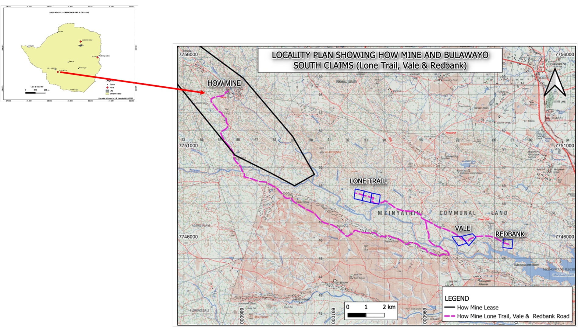 Namib Mineral How Mine operation. The map shows the 2,408 hectares the operation covers in Zimbabwe's South Province.