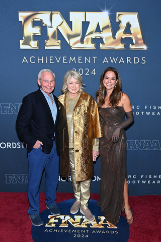 Skechers ambassadors Martha Stewart and Brooke Burke joined Skechers COO David Weinberg at the Footwear News Achievement Awards (FNAAs) 2024. Skechers was honored with FNAA's Icon for Social Impact Award for its decades of global humanitarian support for children, families and animals in need. Martha Stewart also received the FNAA's Icon Award at the event. Photo Credit: Getty Images for Footwear News @footwearnews 