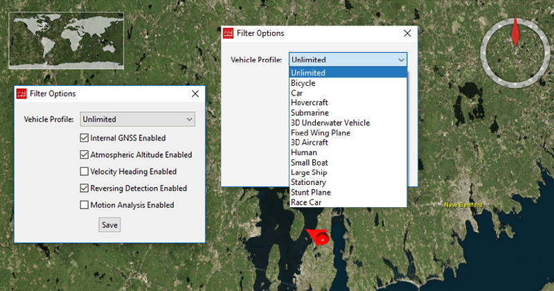 A satellite image of a region of the world with two filtering options laid on top. The first filter option depicts the filter options as is, with a dropdown and a list of checkboxes. The second depicts the same filter options, but the dropdown is engaged and showing a variety of vehicles to choose from.