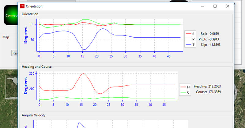 A satellite image of a region of the world with a window laid on top that displays two line graphs. One shows data for orientation and the other shows data for heading and course. A third chart that shows data for angular velocity is cut off.