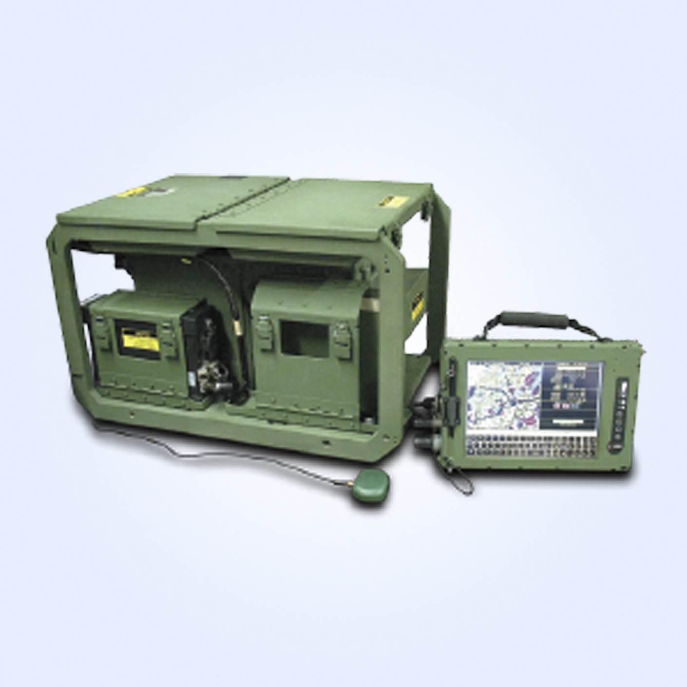 Military-grade communication equipment with a rugged green design and an attached control panel.