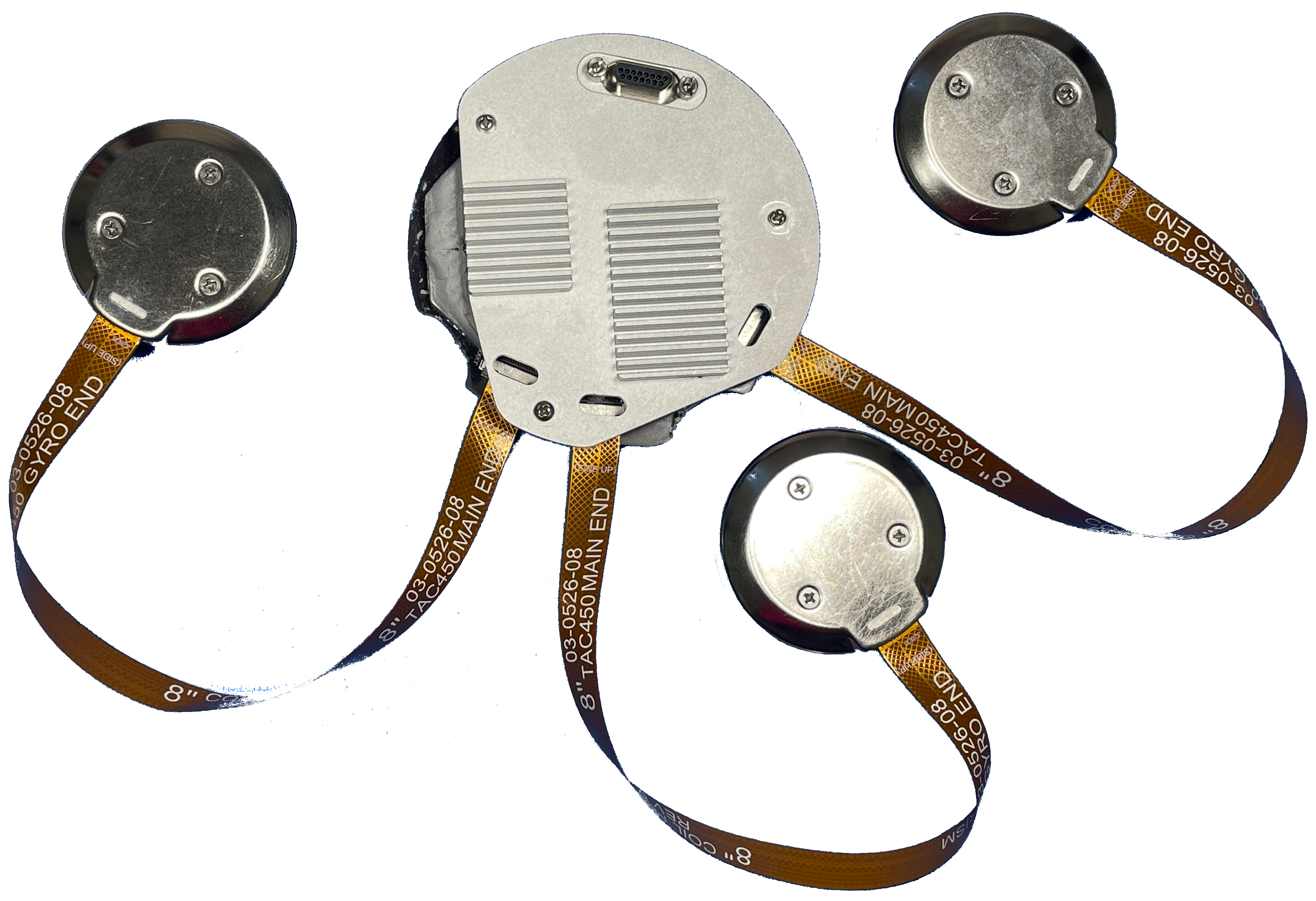 A multi-sensor device with four connected components and labeled flexible cables.