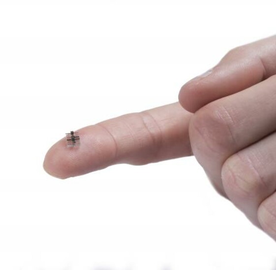 A tiny sensor on a fingertip, showcasing its potential for embedding in everyday items.